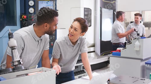 Preview: Male And Female Engineers Discussing Plans For Job Whilst Looking At Laptop