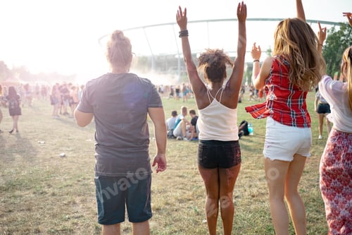 Preview: Group of friends jumping at summer music festival