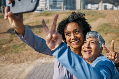 Preview: Friends, mature women and outdoor for peace selfie at a park with motivation and travel memory. Pro