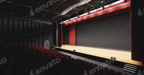 Preview: Theatre with empty stage in spotlight. Red theater curtain and seats