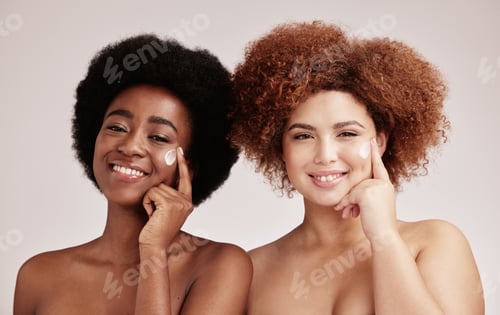 Preview: Cream, face product and girl friends portrait with diversity and happiness for sleepover skincare.