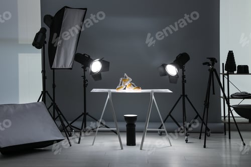 Preview: Professional photography equipment prepared for shooting stylish shoes in studio
