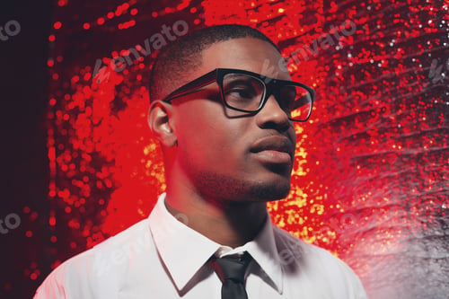Preview: Retro Fifties Hispanic Man With Glasses In White Shirt And Black Tie. Against Red Reflective
