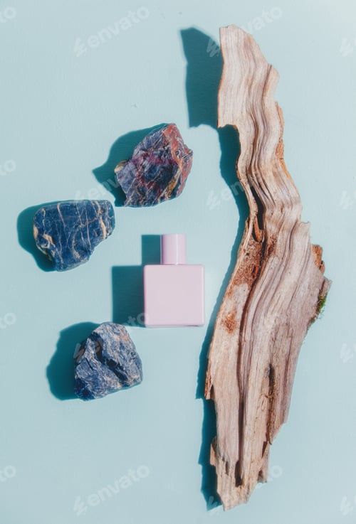 Preview: Skin foundation and stones with wood on blue background
