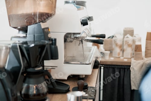 Preview: Professional modern coffee machine on counter in cafeteria