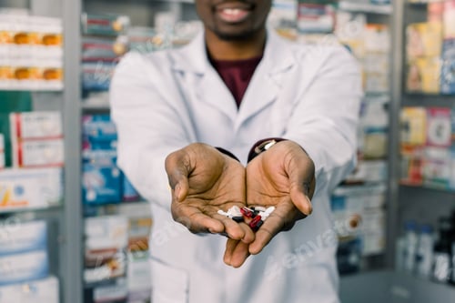 Preview: African-american pharmacist man holding tablets pills in the hands. Man's hands holding a