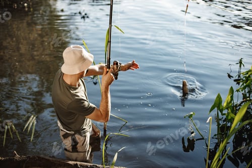 Preview: Young fisherman with fishing rod near the lake at summer