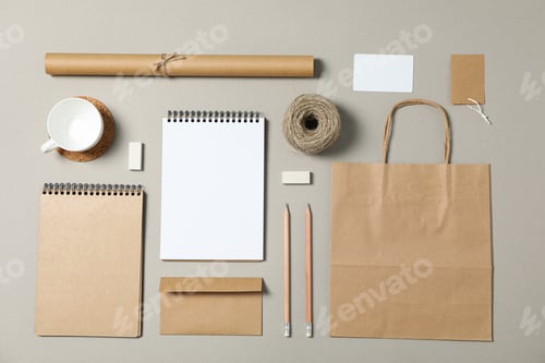 Preview: Mockup. Corporate stationery on grey background. Flat lay