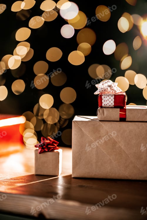Preview: Festive Wrapped Presents with Warm Bokeh Lights