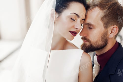 Preview: Elegant stylish handsome groom gently kissing in shoulder gorgeous bride