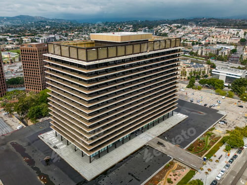 Preview: Aerial view of the John Ferraro Building in Los Angeles with surrounding cityscape