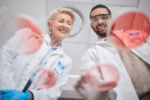 Preview: Research, DNA and science by scientists in analytics with a sample in a lab smile and happy for res