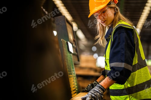 Preview: woman worker carpenter checking the quality of wooden products a