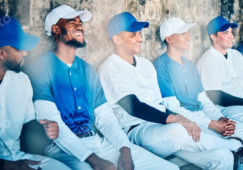 Preview: Baseball, sports and team of men in dugout, happy and watching training, match or game together. Di