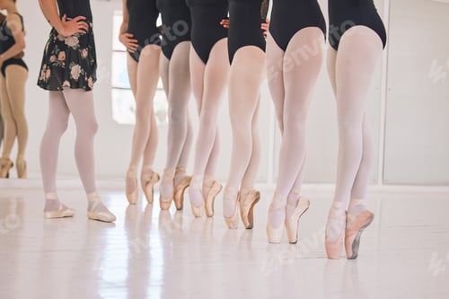 Preview: Closeup woman dance instructor teaching a ballet class to a group of a children in her studio. Ball