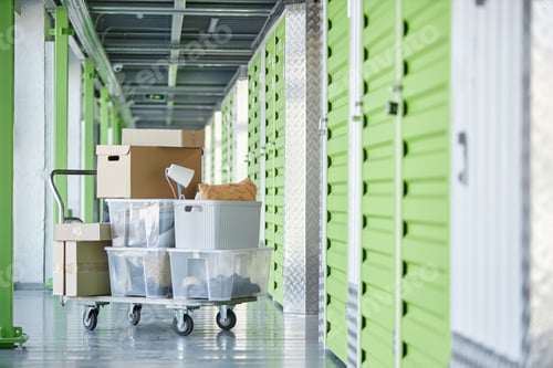 Preview: Boxes with Personal Possessions Loaded on Transportation Trolley in Self Storage Warehouse