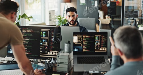 Preview: Man, developer and programmer with computer for coding solutions, problem solving or ideas at offic