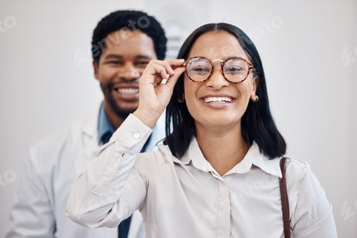 Preview: Optometrist, client and glasses portrait for vision, mirror pov and customer service with new lens