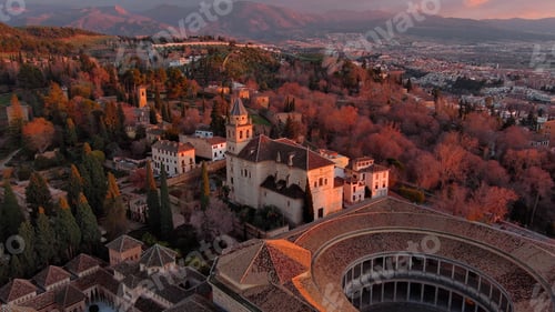 Preview: Bird's-eye view of the Alhambra fortress and palace in Andalusia, Spain captured from above