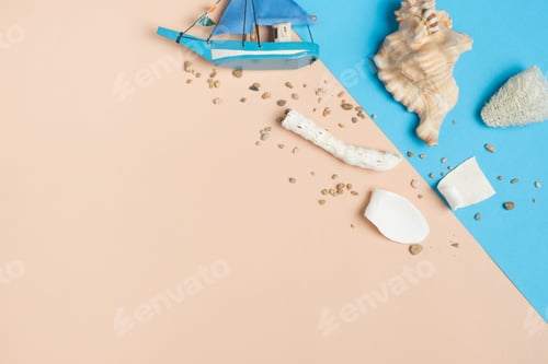 Preview: Set of summer object Sea Shell,boat,coral, starfish, and sand on pastel