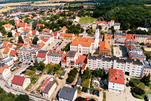 Preview: Aerial view of small european town with residential buildings and streets