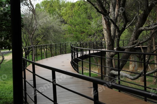 Visualização: Picturesque view of bridge with metal railing and many trees in park