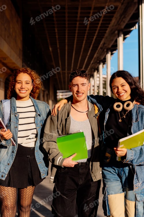 Preview: Multiracial students walking and smiling on campus