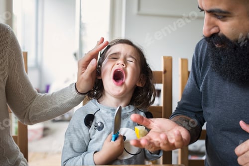 Preview: Mother and step-father trying to calm dawn crying daughter at table