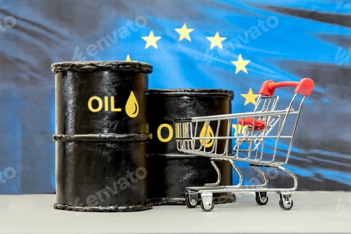Preview: Oil barrels and shopping cart with United States flag concept rising oil prices
