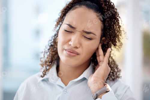 Preview: Injury, earache and medical with woman in pain for tinnitus, sound and noise problem. Healthcare, p
