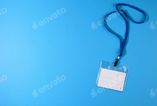 Preview: Transparent plastic badge on a blue lanyard on a blue background