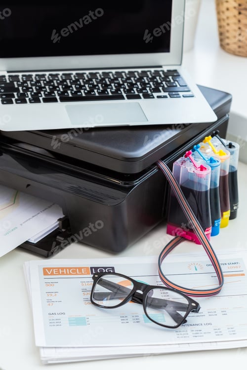 Preview: Printer and computer. Office table