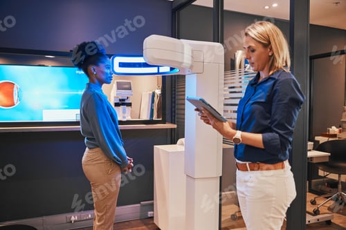 Preview: Eye exam, digital machine and optometrist with black woman for eyesight, vision test and optical co