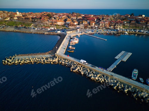 Preview: View from a height of the city of Sozopol with houses and boats near the Black Sea