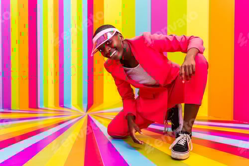 Preview: Beautiful young woman dancing and having fun inside a rainbow box room