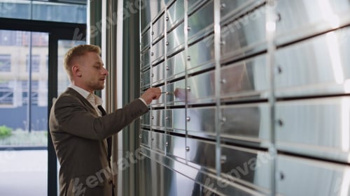 Preview: Smiling guy check correspondence in corridor closeup. Handsome man walk in suit