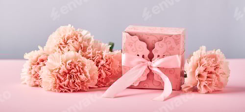 Preview: Bouquet of pink carnations and pink gift box. Design concept of holiday greeting with carnation