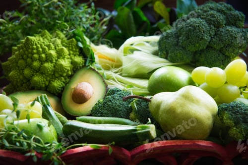 Preview: Fresh Raw Autumn Green Vegetables and Fruits