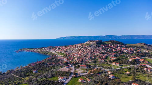 Preview: Traditional Greece. Lesvos island, view of town Molyvos (Mithymna) with old castle above