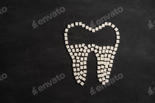 Preview: Sugar destroy tooth enamel leads tooth decay Sugar cubes form tooth on black background