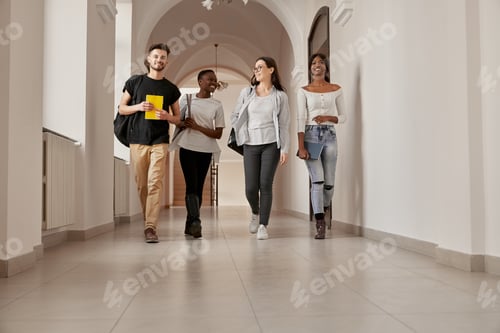 Preview: Mixed-race group of students walking throuth the corridor