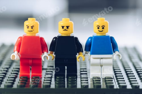 Preview: KYIV, UKRAINE - MARCH 15, 2019: red, blue and black lego minifigures with various face expressions