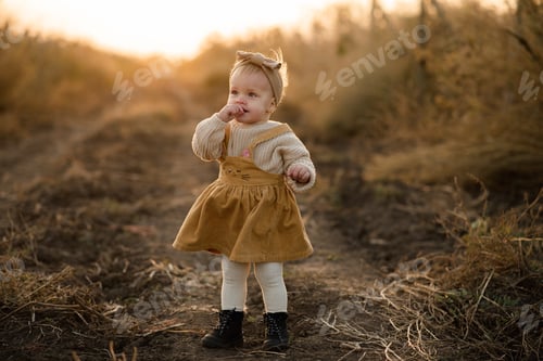 Preview: Little baby girl is standing in the sunset field in the autumn