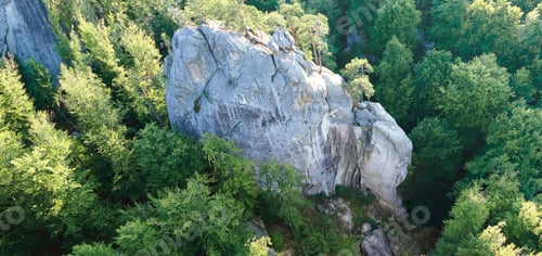 Preview: Panoramic view of bright landscape with green forest trees and big rocky boulders between dense