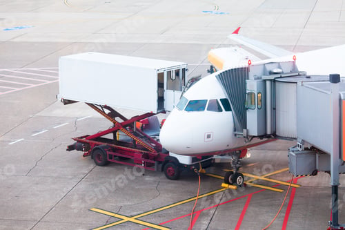 Preview: Plane on airport docked for boarding and service