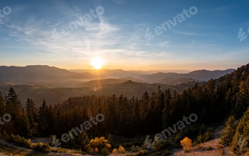 Preview: Forest on mountain ridge under cloudy sky at bright sunset