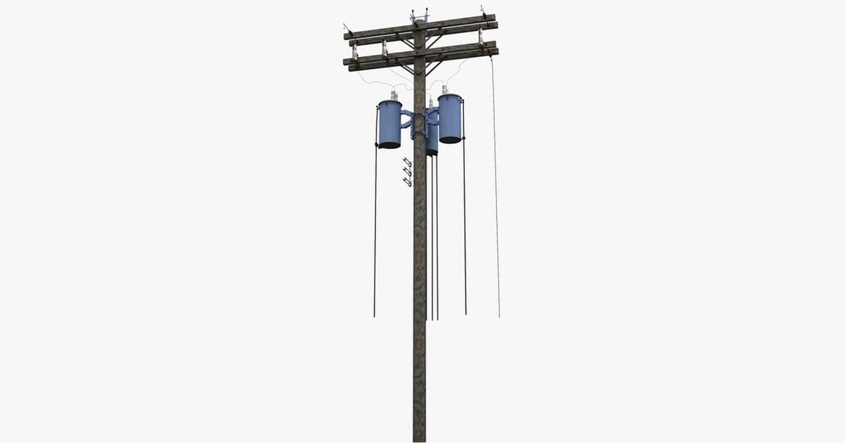 Wooden utility pole with attached buckets and electrical equipment 3D ...