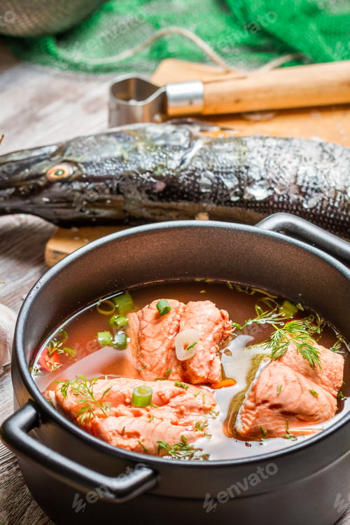 Preview: Fish soup made of fresh vegetables and salmon