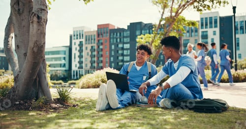 Preview: Medical student, research and online with people in outdoor for college, healthcare and studying. S