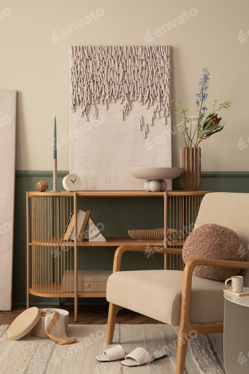 Preview: Cozy living room interior with mock up poster frame, gray armchair, wooden sideboard, round pillow